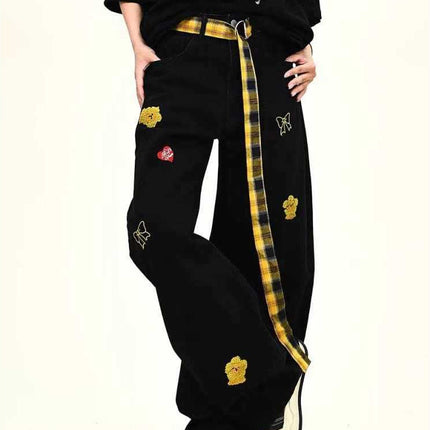 Plaid Belt Cartoon Embroidery Design Jeans for Women 2025 Summer New Loose Wide-Leg Floor-Length Pants