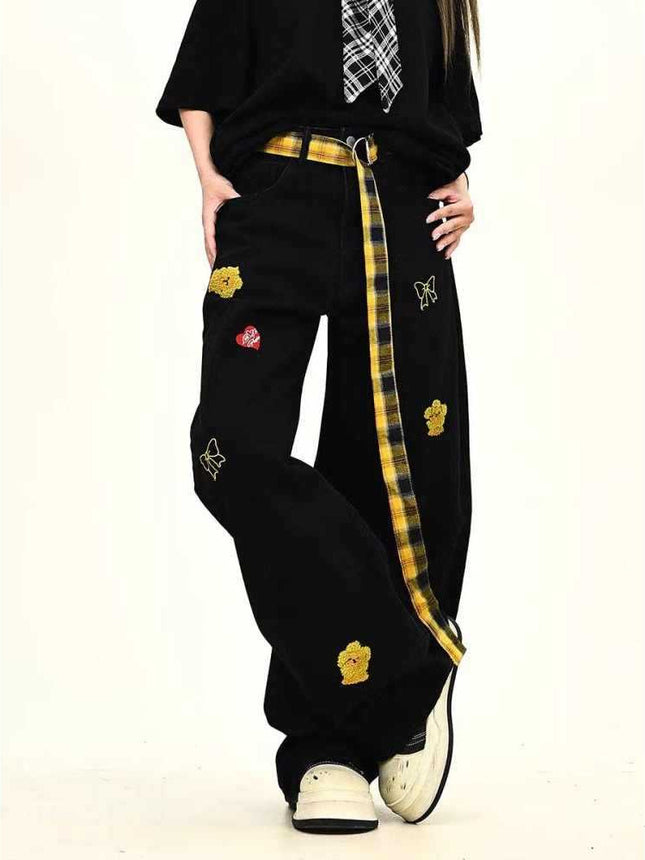Plaid Belt Cartoon Embroidery Design Jeans for Women 2025 Summer New Loose Wide-Leg Floor-Length Pants