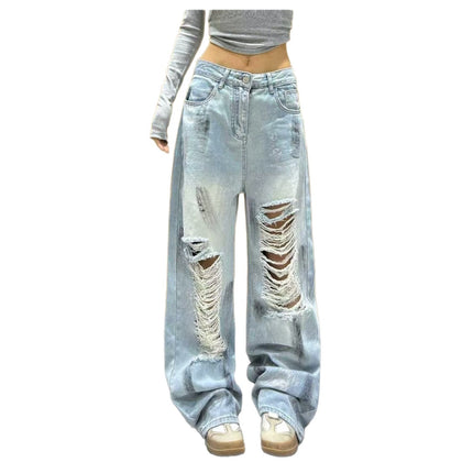 Trendy High-Waisted Ripped Wide-Leg Jeans for Women, Summer 2025 New Style, Slimming and Floor-Length