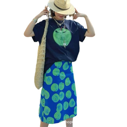 Pure Cotton ~ Spring and Summer New Niche Design Holiday Style A-Line High-Waist Slim Cotton Apple Print Skirt for Women