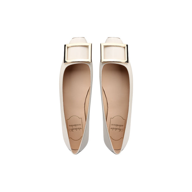 In-Stock Sheepskin Version ~ Grape Mom's Same Style Square Buckle Square Toe Shallow High Heels Women's Spring Chunky Heel Flat Commuting Shoes