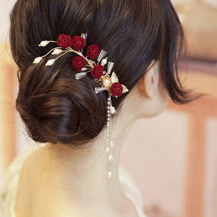 Toast Clothing Side Clip Headwear Tassel Side Clip Red Rose Hairpin Classical Cheongsam Hanfu Daily Accessories