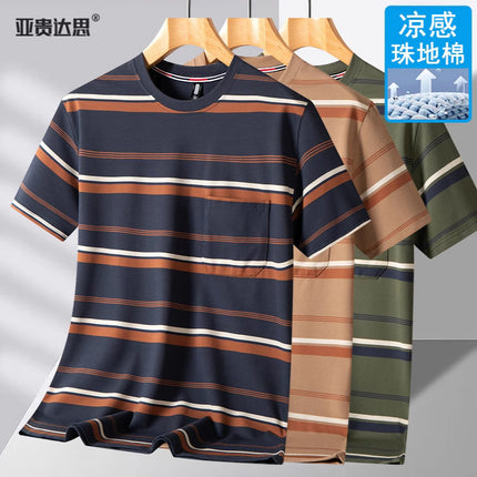 Dad T-shirt short sleeve summer pocket round neck yarn-dyed striped middle-aged men's top middle-aged and elderly plus size men's clothing
