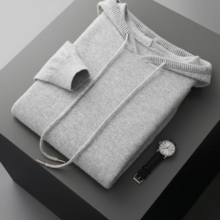 100 Pure Wool Sweater Men's Hoodie with Pocket Solid Color Loose Knitted Sweater Long Sleeve Hooded Sweater New Base Sweater