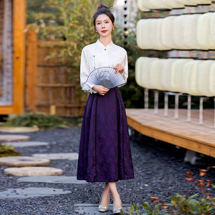 National style horse face skirt two-piece jacquard shirt elastic waist horse face skirt new Chinese 2024 new suit