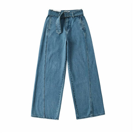 American Retro Wide-Leg Jeans Spring New High-Waist Belt Loose Slimming Look Casual Straight Pants Floor-Length Pants