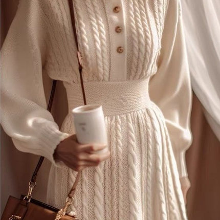 New Stylish White Cable Knit Dress for Women 2025 Autumn and Winter New Trendy Waist-Cinching Slimming Sweater Dress
