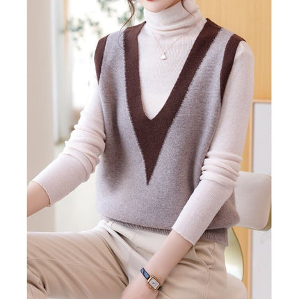 Woolen sweater knitted vest for women 2023 Autumn New sleeveless stacked color matching V-neck wool warm vest waistcoat