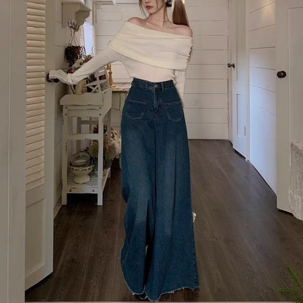 Hong Kong Style Retro Mop Loose Jeans Women's Spring 2025 New High Waist Straight Wide Leg Pants Design Sense Pants