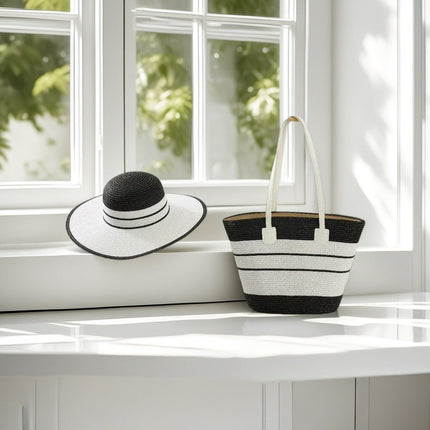 Cross-Border Straw Hat Straw Bag Two-Piece Set Sun Hat Large Capacity Striped Tote Bag Shoulder Bag Beach Bag Factory Store