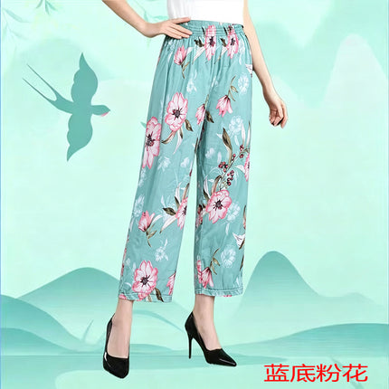 Foreign Trade Plus Size Middle-aged and Elderly Summer Thin Breathable Nine-point Flower Pants Mom Pants Ice Silk Loose Straight Pants