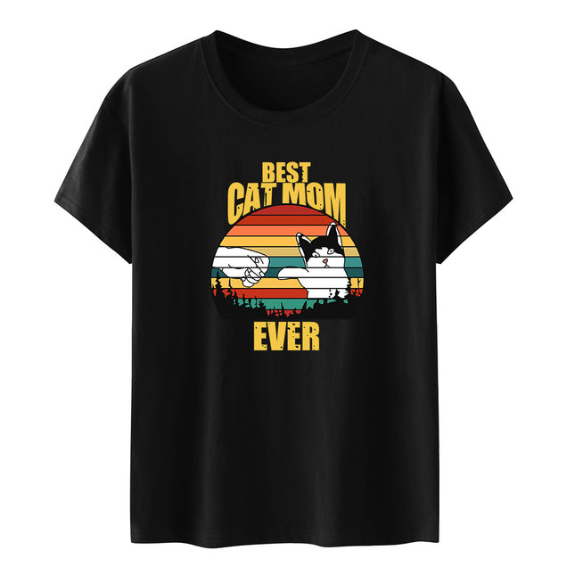 Amazon Summer Best Cat Mom even Mother's Day Fist Cat Letter Printed Casual Short-sleeved T-shirt Women
