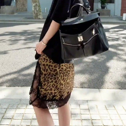 French-Style Light Mature Design with a Niche Vibe, Women's Spring and Autumn Lace Patchwork Thin Leopard Print Midi Skirt