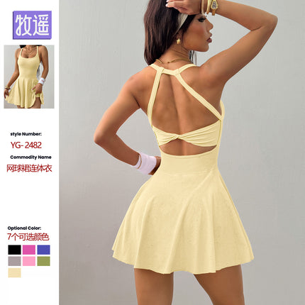 Mu Yao Foreign Trade Yoga Sports Dress with a Naked Feel, Pockets, Anti-Exposure, Quick-Drying, Breathable Running Fitness Tennis Skirt
