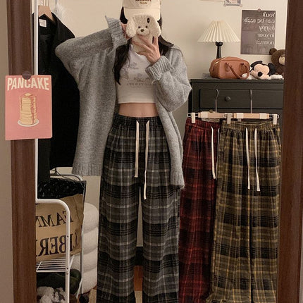 American Retro Plaid Loose Wide-Leg Pants 2025 New Slimming Korean High-Waisted Sports Straight Drape Floor-Length Pants