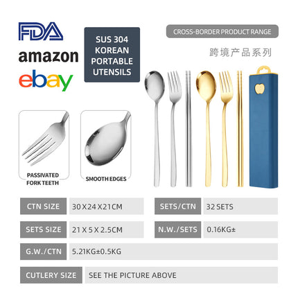 304 Stainless Steel Convenient Tableware Fork, Spoon and Chopsticks Three-Piece Set Outdoor Travel Student Storage Box Tableware Set