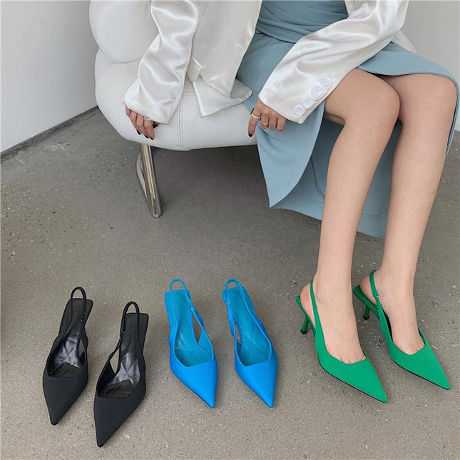2025 Spring New Pointed Toe Stiletto Mid-Heeled Flats with Hollow Toe Sandals and High Heels Green Women's Shoes