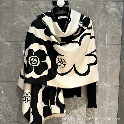 Elegant and Luxurious Versatile Double-Sided Winter Thickened Scarf Neck Warmer for Women, Bohemian Faux Cashmere Long Shawl