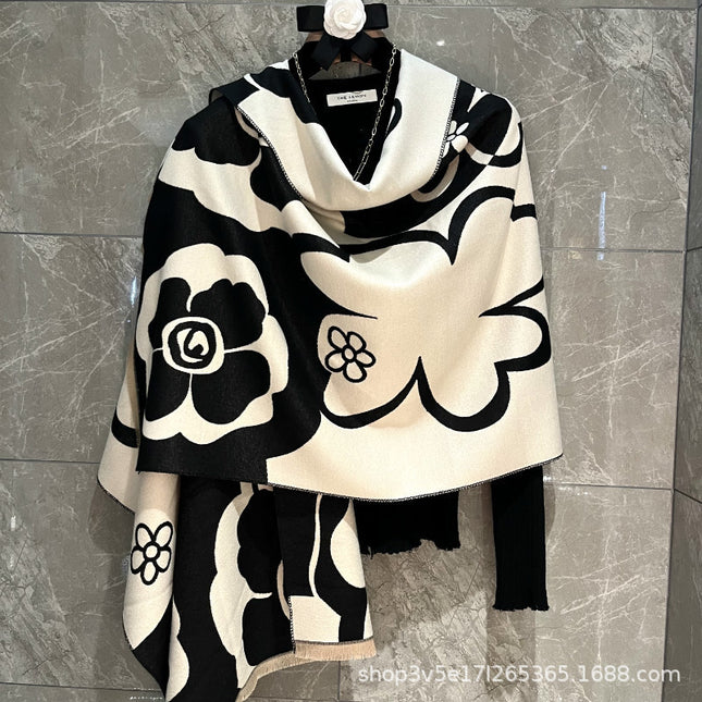Elegant and Luxurious Versatile Double-Sided Winter Thickened Scarf Neck Warmer for Women, Bohemian Faux Cashmere Long Shawl