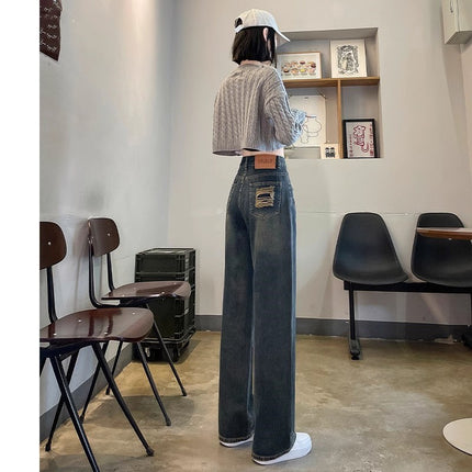 Vintage Blue Wide Leg Jeans Women's Trendy All-match New High Waist Slimming Old Style Design Sense Wear-out Straight Pants
