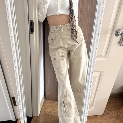 American Retro Pocket Design Workwear Jeans for Women, Summer New High-Waisted Loose Slimming Flared Floor-Length Pants