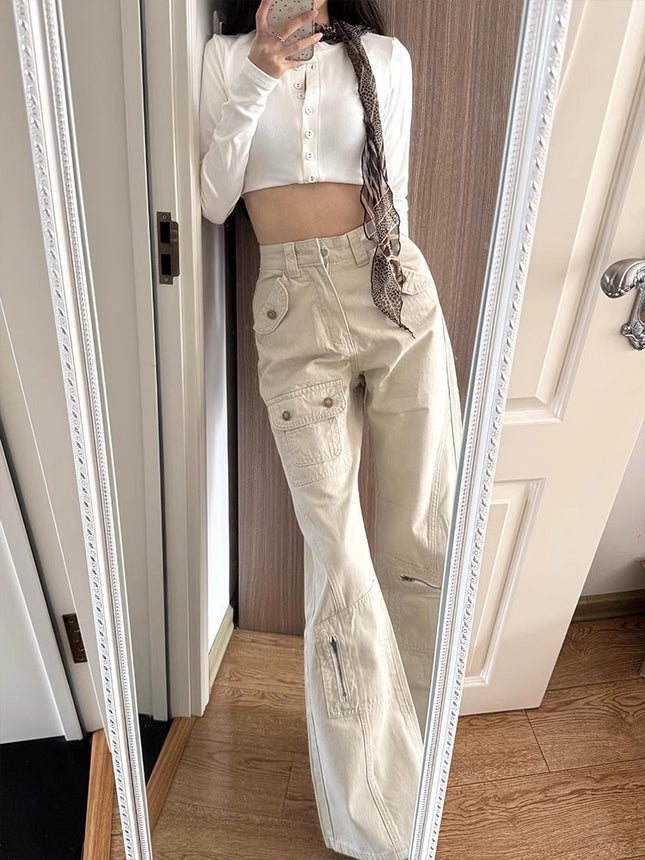 American Retro Pocket Design Workwear Jeans for Women, Summer New High-Waisted Loose Slimming Flared Floor-Length Pants