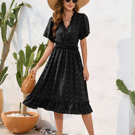 Amazon Cross-Border V-Neck High-Waist Strap Dress Fur Ball Short-Sleeved Dress Casual Vacation Travel Dress