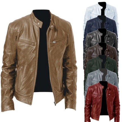 Foreign Trade Business Gentleman Warm Zipper Cardigan Pocket Decorative PU Leather Jacket Stand Collar Slim Fit Zipper Leather Jacket