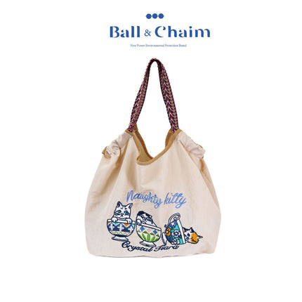Japanese Style Cat Chai Dog Embroidered Eco-Friendly Cloth Bag Women's Large Capacity New Nylon Handbag Student's All-Match Shoulder Bag