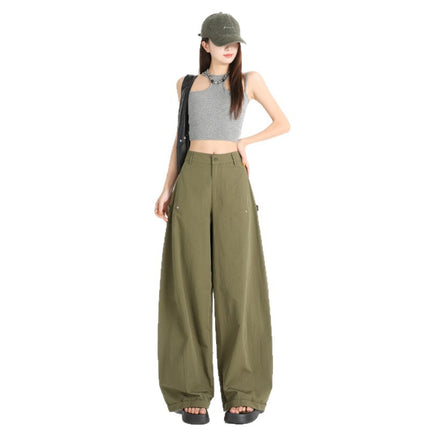 American-Style Curved Casual Pants for Women, Autumn New High Street Design, Loose and Slimming Floor-Length Cargo Denim Wide-Leg Pants