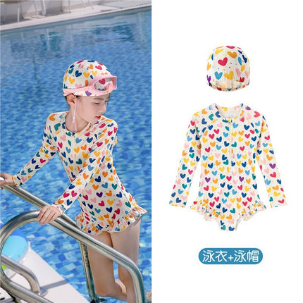 66 Princess Girls' Swimsuit 2025 New Style Cute Long-Sleeved Swimsuit for Girls Sunscreen Quick-Drying Beach Swimming Clothes