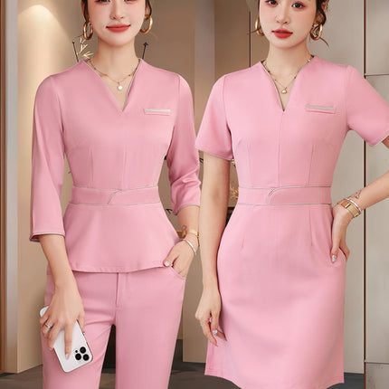 Summer Beauty Salon Short-Sleeved Technician Uniforms for Women, High-End Spa Club Foot Bath and Head Therapy Beautician and Waitress Work Uniforms