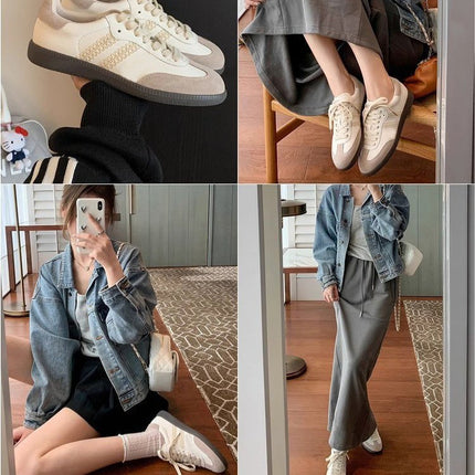 Blogger's Essentials~ Retro Lace-Trimmed Genuine Leather German Training Shoes 2024 New Model Silver Flat-Soled Sports Casual Shoes for Women