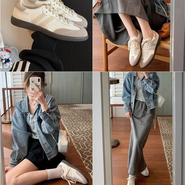 Blogger's Essentials~ Retro Lace-Trimmed Genuine Leather German Training Shoes 2024 New Model Silver Flat-Soled Sports Casual Shoes for Women