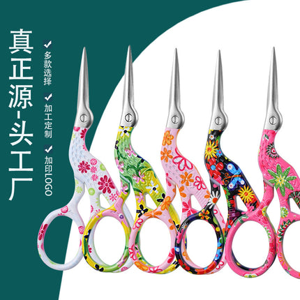 Stainless steel color small phoenix scissors retro pointed creative fishing line floral embroidery thread head embossed small tea scissors