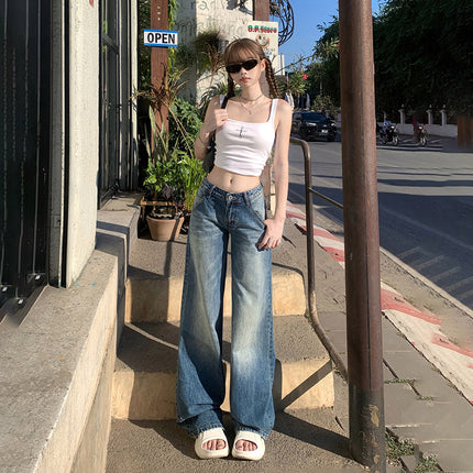 American Style Retro Hot Girl Low Waist Wide Leg Jeans Women's 2025 Spring and Autumn New Straight Tube Loose Slim Look Mop Pants
