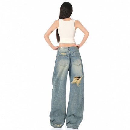 Raccoon House # 2025 Summer New Ripped Jeans Women's American Retro High Waist Loose High Street Drape Straight Pants