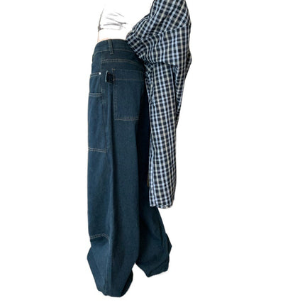 American Style Retro Open Line Color Contrast Large Pocket Loose Wide Leg Denim Pants