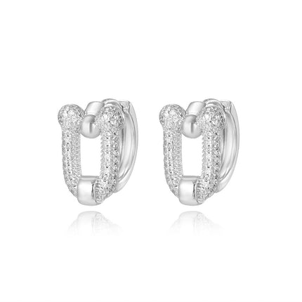 European and American Light Luxury Full Diamond U-Shaped Horseshoe Buckle Earrings Ear Buckle Cold Style Retro Style Hollow Letter V Copper Earrings
