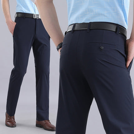 Ice Silk Stretch Pants Summer Thin Men's Non-ironing Casual Pants Men's Straight Slim-fit Business Black Pants