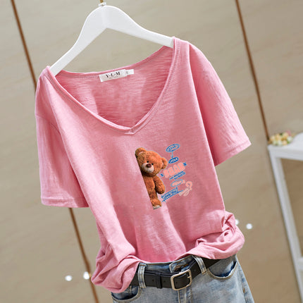 V-neck T-shirt Women's Cotton 2025 White Cartoon Short-sleeved regular Loose Printed Commuting Solid Color Base Shirt Trendy