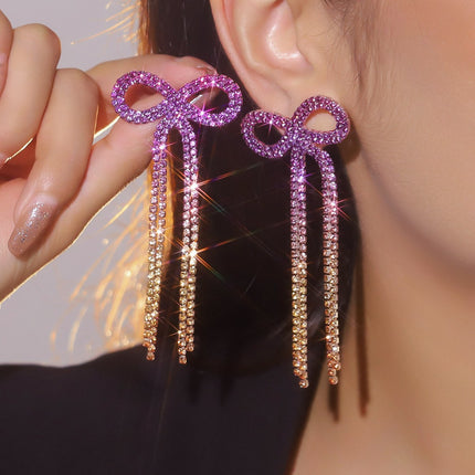 Shein Explosive Bow Long Tassel Earrings Women's Personality Super Flash Rhinestone Bride Wedding All-match Ear Jewelry