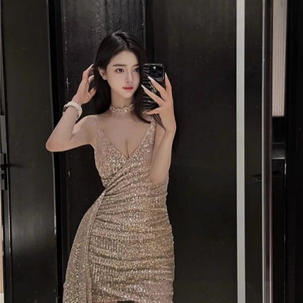 French Style Sexy 2025 Summer Low-cut High-end Temperament Goddess dress Sequin Strap KTV Belle Evening Dress