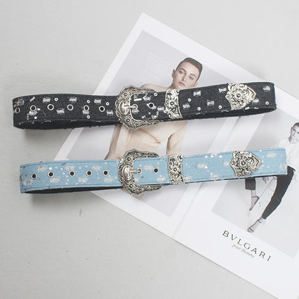 Denim Destruction Belt Blue European and American Women Retro Baroque Fashion Decorative Belt