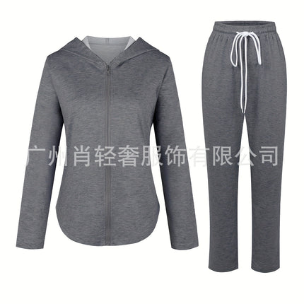 European and American trade casual loose zipper hooded light jacket pants suit (2 pieces)