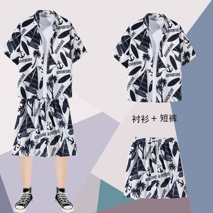 Summer thin short-sleeved floral shirt men's Hong Kong style retro Ruan Shuai Hawaiian seaside couple short-sleeved shorts two-piece set