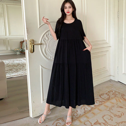 Solid Color Loose-Fitting Plus-Size Maternity Dress, Rayon Beach Dress, Short-Sleeved Long Skirt with a Large Hem