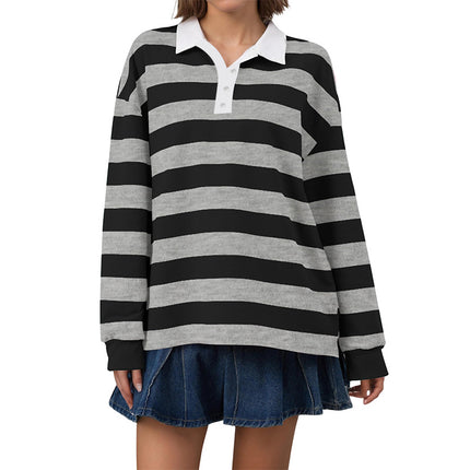 2025 European and American Cross-Border Long-Sleeved Stripesd T-Shirt Autum New Casual Versatile Loose Lapel Top