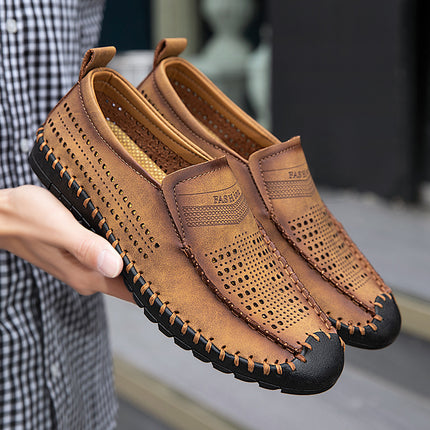 Cross-Border Hot-Selling Spring and Summer New Products Hand-Stitched Casual Men's Shoes Fashionable Hollow Versatile Breathable Genuine Leather Beanie Shoes