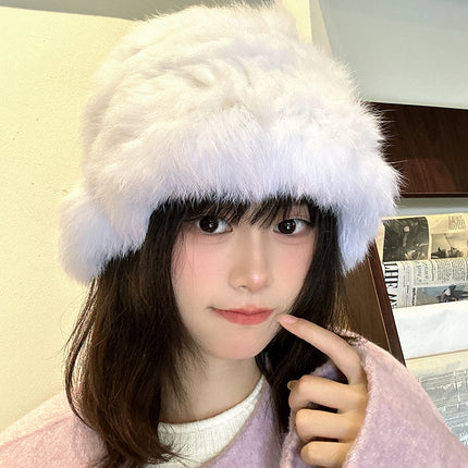 Falling pool knitted ~ rabbit fur velvet handmade fisherman hat makes face look small winter warm atmosphere hat makes face look small for women